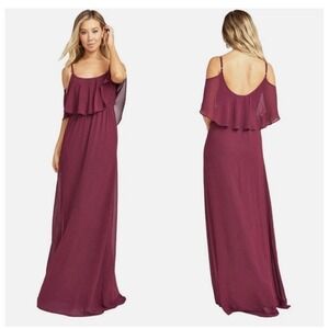 Show Me Your MuMu Caitlin‎ Ruffle Maxi Dress Size Large Womens Merlot Chiffon
